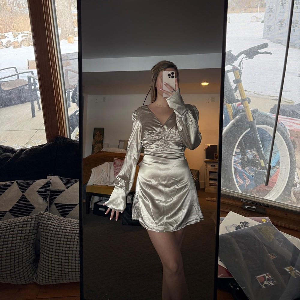 Princess Polly Shimmering Silver Long Sleeve Dress